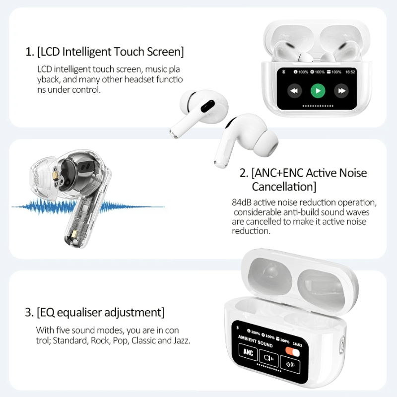 TouchPods S10 Pro ANC/ENC bezdrôtové Bluetooth slúchadlá, LCD dotyková obrazovka, aktívne potlačenie hluku, inteligentný AI prekladač