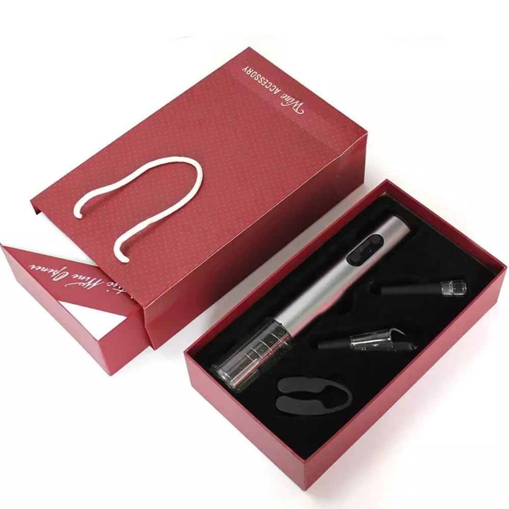 Sada 4v1 na víno, elektrický otvárač, vákuová zátka, prevzdušňovač a nôž na fóliu