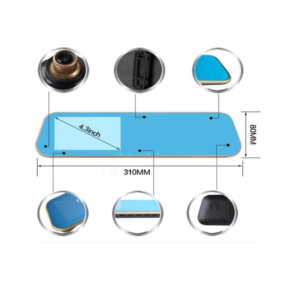 Spätné zrkadlo v aute s funkciou DVR FULL HD 1080P pre predný záznam, 4,3-palcovou LCD obrazovkou a kamerou pre cúvanie
