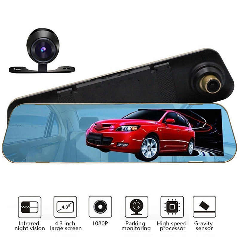 Spätné zrkadlo v aute s funkciou DVR FULL HD 1080P pre predný záznam, 4,3-palcovou LCD obrazovkou a kamerou pre cúvanie